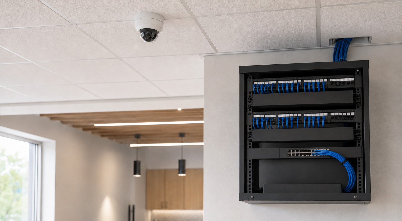Professionally installed ceiling security camera and organized Cat6A network rack